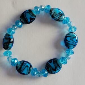 Vintage Beaded Bracelet Blue Glass Acrylic Swirl Oval Beads Faceted 8in Tie